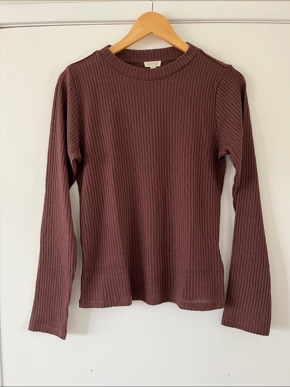 Pilcro Anthropologie Long Sleeve Ribbed Top in Chocolate Brown